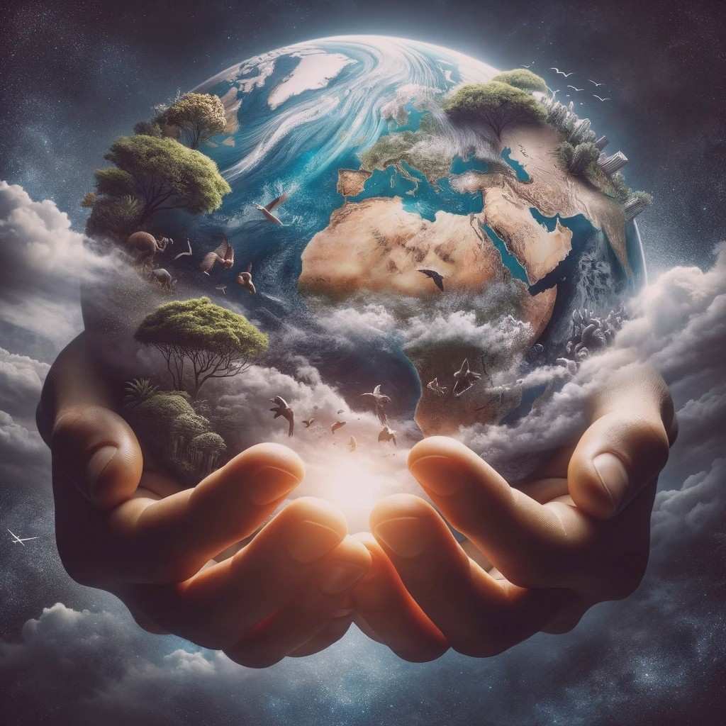 Planet Earth suspended between two human hands, intertwined with animals and ecosystems.